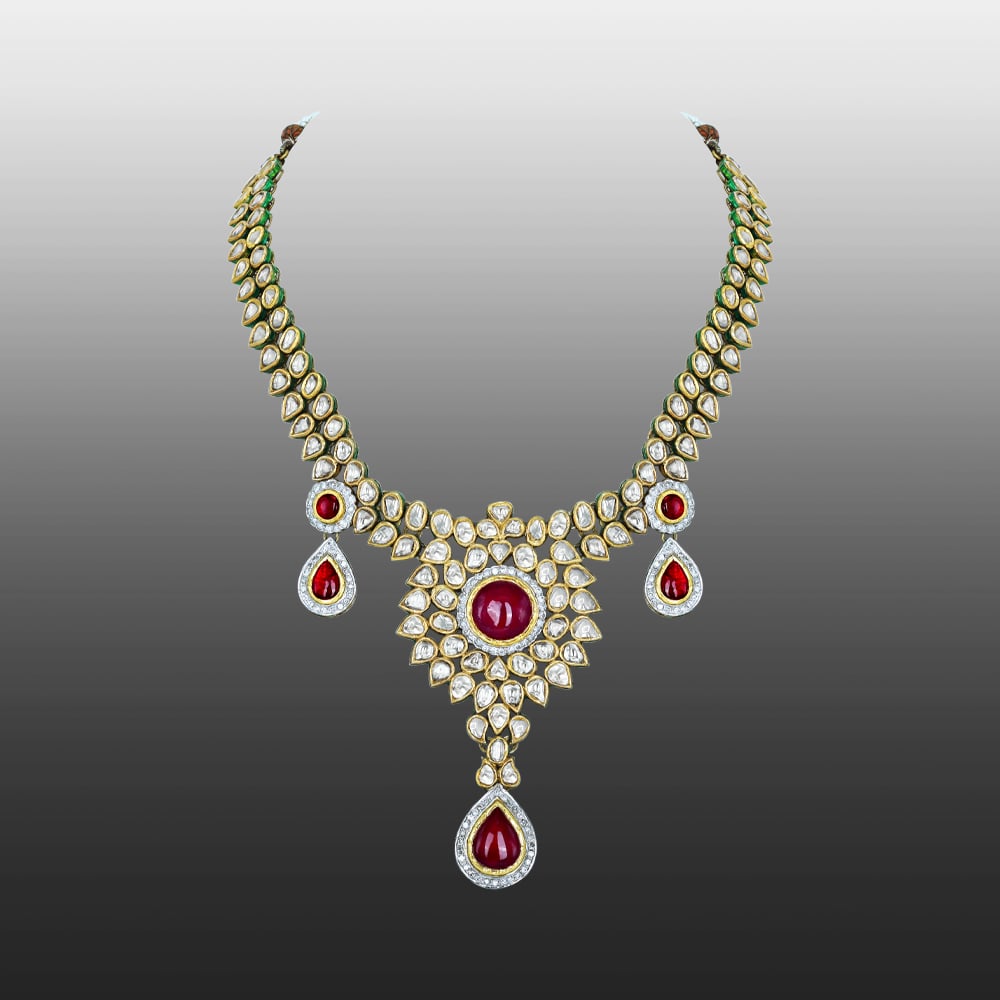 Rhodolite Cabochon Necklace with Polki Diamonds and Teardrops